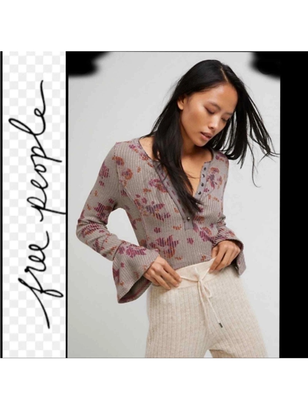 Free People Layer Me Henley Dusty Mauve Floral Ribbed bell sleeve top.